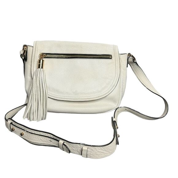 Milly white pebbled leather fringe tassel flap hobo crossbody bag - Picture 2 of 14